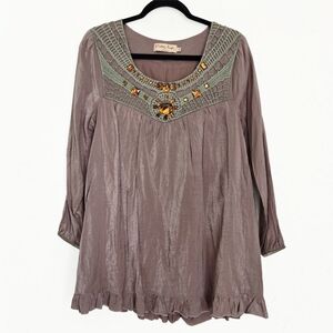 Pretty Angel Shimmer Taupe Crochet Detail Embellished Top, M